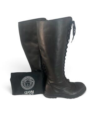 RARE Versace Vintage Istante Black Leather Knee-High, RmLace-Up Boots (PM100219)